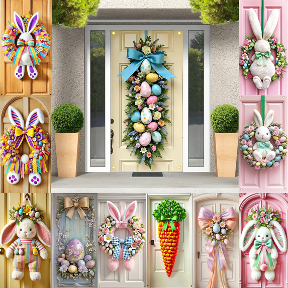 JeashCHAT Easter Door Hanging Decorations, Easter Eggs Wreath Door Cover for Front Door Decor, Spring Easter Holiday Party Supplies Porch Wall Hanging Cover