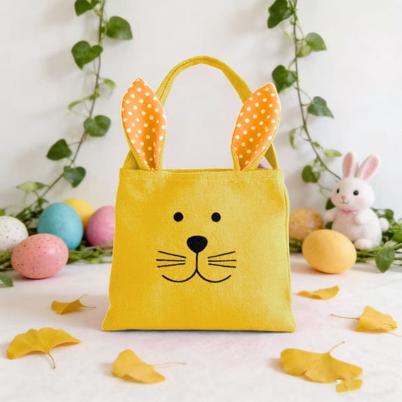 JeashCHAT Easter Gift Bag Bunny Handbag Gift Wrap Bag, Reusable Tote Bag with Rabbit Ears for Easter Party Favors, Egg Hunts (Yellow)