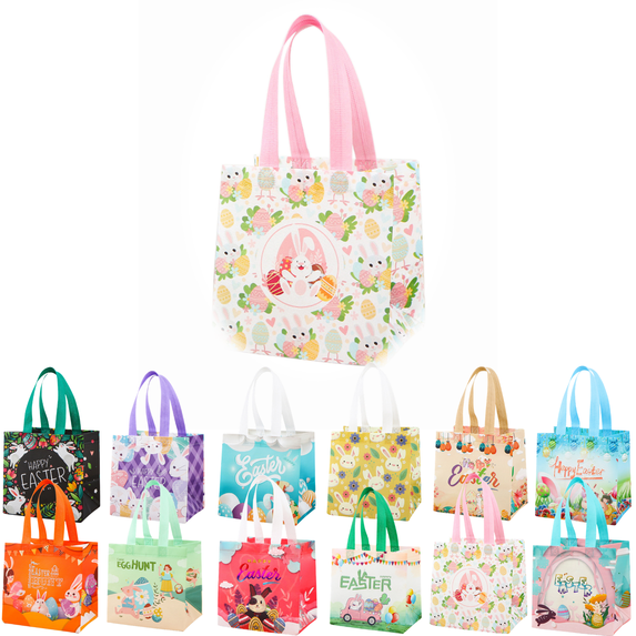 JeashCHAT Easter Gift Bags, Happy Easter Egg Hunt Bags with Handle, Reusable Non-Woven Easter Treat Bags, Bunny Gift Bags, Easter Baskets Party Supplies