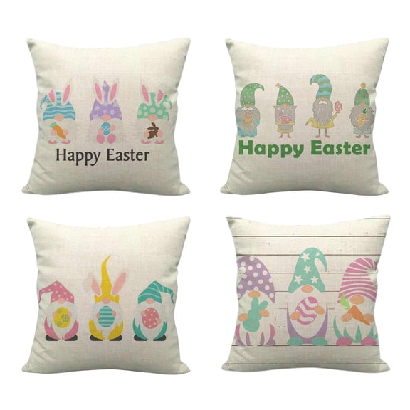 JeashCHAT Easter Pillow Covers 18x18 Set Of 4 Easter Pillow Case Rabbit Bunnies with Eggs Canvas, Cotton Linen Throw Pillow Covers Easter Bunny Eggs Decorations