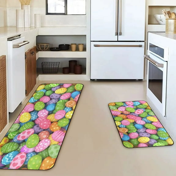 JeashCHAT Easter Rabbits Eggs Decorative Kitchen Mats Set of 2, Spring Easter Holiday Party Kitchen Rug Kitchen Decor(47x16 in/23x16 in)