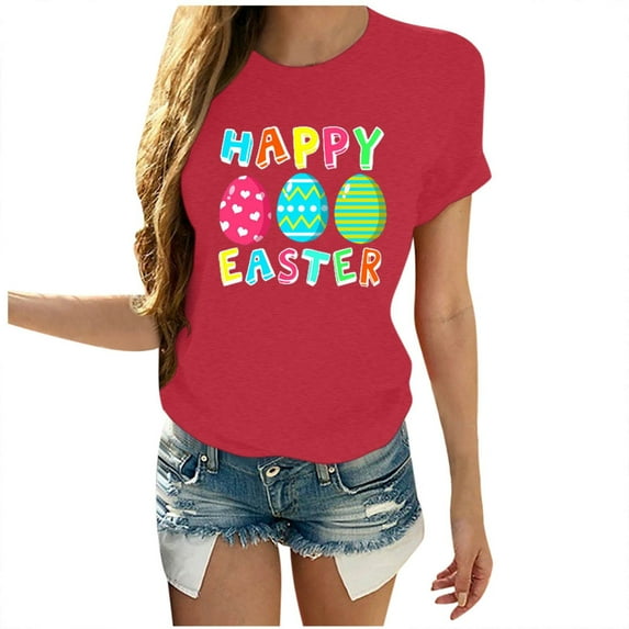 JeashCHAT Easter Shirts for Women Bunny Rabbit Egg Print 2021 Easter Eggs Happy Easter Print Men And Women Loose Plus Size Short Sleeves