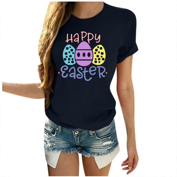 JeashCHAT Easter Shirts for Women Bunny Rabbit Egg Print 2021 Easter Eggs Happy Easter Print Men And Women Loose Plus Size Short Sleeves
