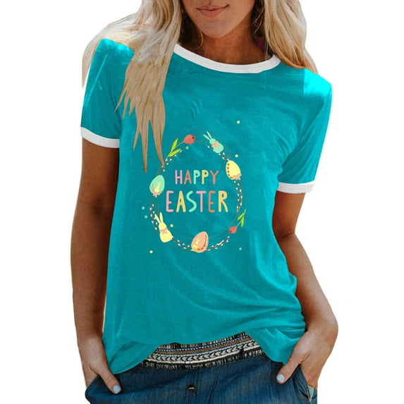 JeashCHAT Easter Shirts for Women Bunny Rabbit Egg Print Women Summer Sexy Happy Easter Print Regular Women Round Neck Short Sleeves Top