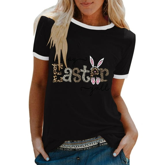 JeashCHAT Easter Shirts for Women Bunny Rabbit Egg Print Women Summer Sexy Happy Easter Print Regular Women Round Neck Short Sleeves Top