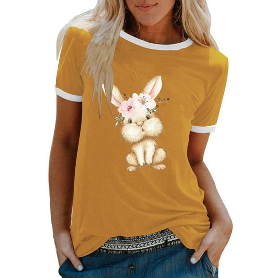 JeashCHAT Easter Shirts for Women Bunny Rabbit Egg Print Women Summer Sexy Happy Easter Print Regular Women Round Neck Short Sleeves Top