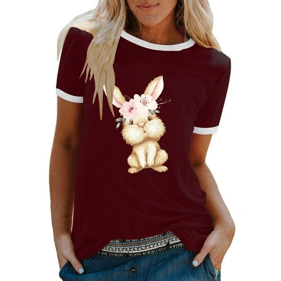 JeashCHAT Easter Shirts for Women Bunny Rabbit Egg Print Women Summer Sexy Happy Easter Print Regular Women Round Neck Short Sleeves Top