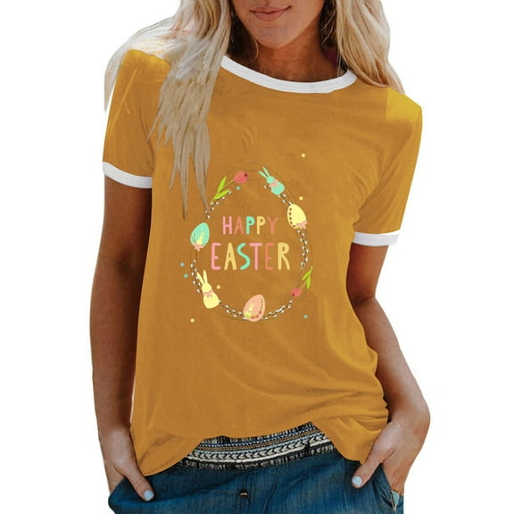 JeashCHAT Easter Tshirt for Women Easter Bunny Rabbit Egg Print Women Summer Sexy Happy Easter Print Regular Women Round Neck Short Sleeves Top