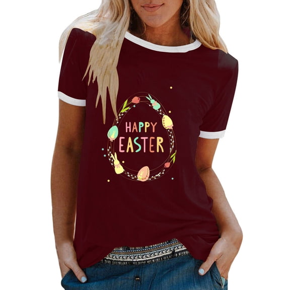 JeashCHAT Easter Tshirt for Women Easter Bunny Rabbit Egg Print Women Summer Sexy Happy Easter Print Regular Women Round Neck Short Sleeves Top
