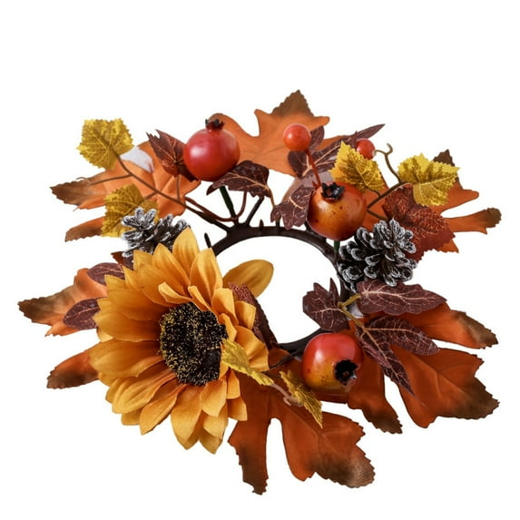 JeashCHAT Fall Decor Candle Ring Wreath Artificial Maple Leaves Pinecones Sunflower Pomegranate Candle Rings Table Centerpiece Thanksgiving Party Table Decor