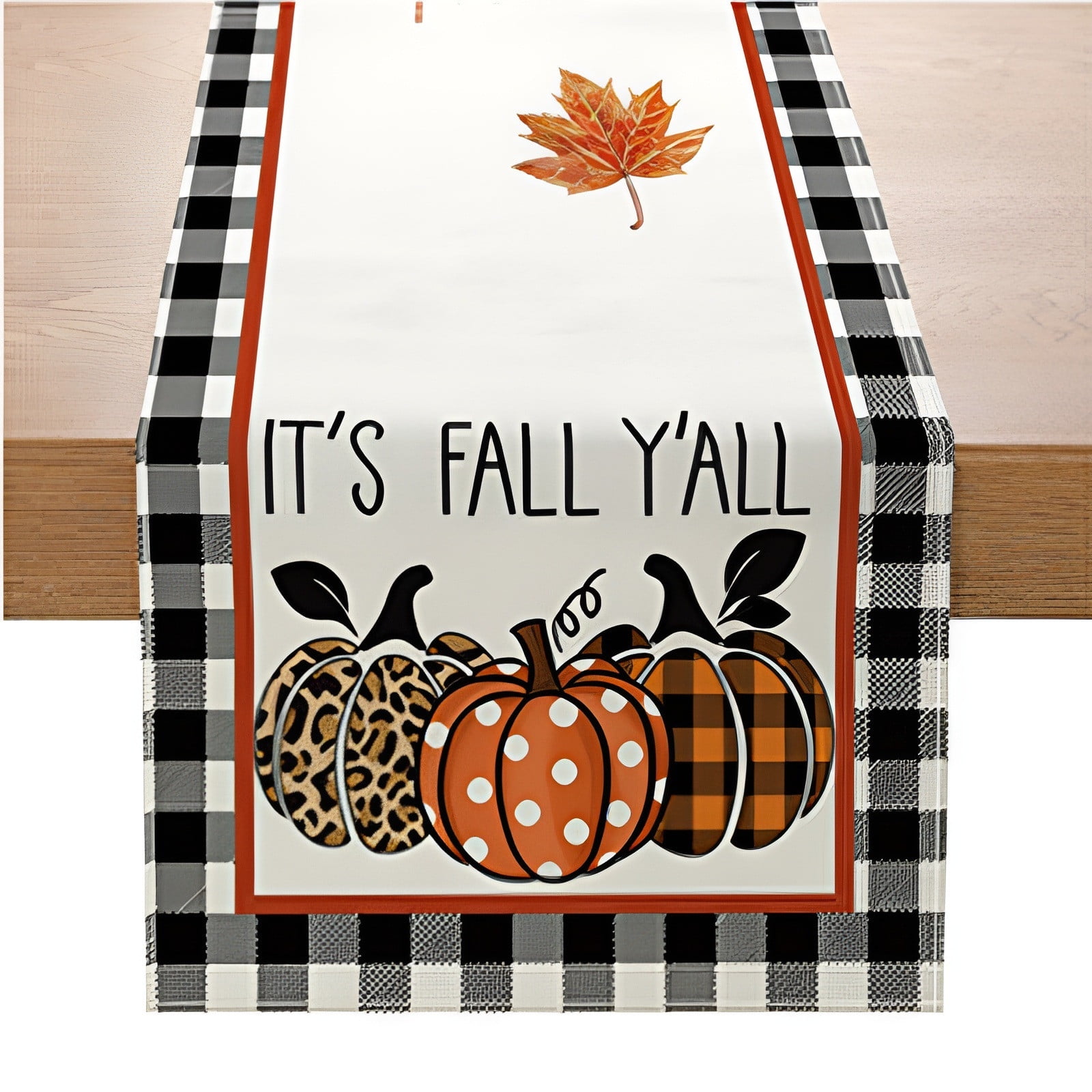 JeashCHAT Fall Table Runner 13" x 72", Plaid Table Runner, Maple Leaves