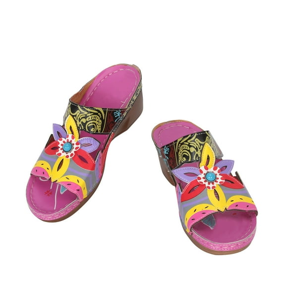 JeashCHAT Flower Wedge Sandals for Women Hollow Out Slip On Platform Wedge Sandals Summer Casual Sandals Bohemian Colorful Floral Beach Slippers with Arch Support (Purple)