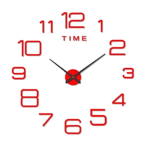 JeashCHAT Frameless DIY Wall Clock , Modern 3D Mute Mirror Wall Clock, Numbers Wall Stickers DIY Clock Kit for Home Living Room Bedroom Office Wall Decorations (Diameter 60cm, Red)