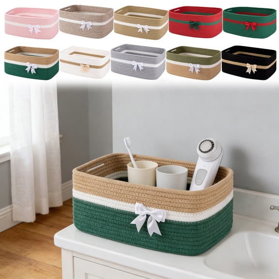 JeashCHAT Gift Basket with Bow, Small Woven Rope Storage Basket with Handles, Storage Bin for Home Office Table Shelf, Christmas Birthday Baby Shower Gift Basket Empty, 13.6" x 10" x 5.9"