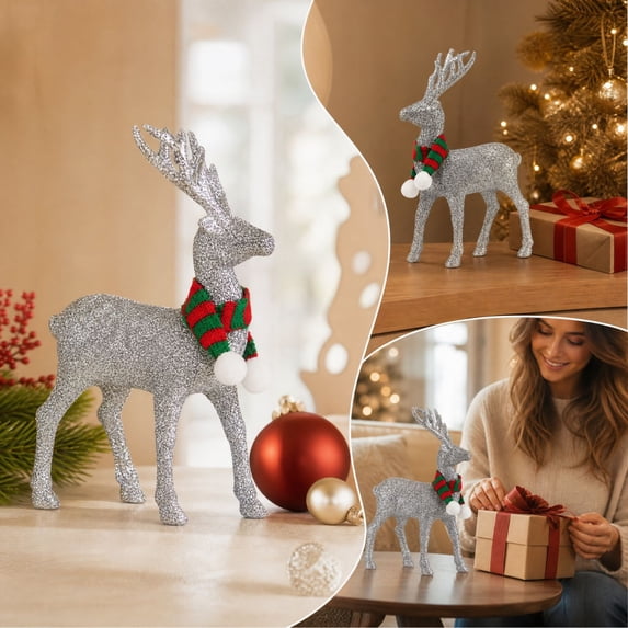 JeashCHAT Glitter Christmas Reindeer Figurines, Reindeer Sculpture with Knitted Scarf, Standing Deer Statues Tabletop Ornaments Christmas Decorations for Table Shelf Office Home Decor