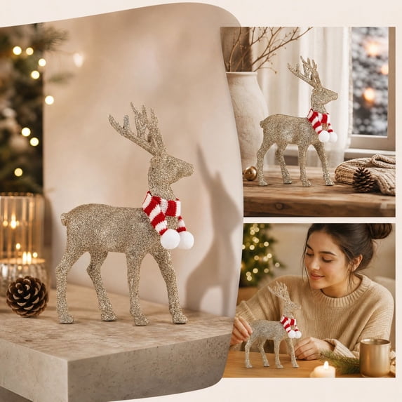 JeashCHAT Glitter Christmas Reindeer Figurines, Reindeer Sculpture with Knitted Scarf, Standing Deer Statues Tabletop Ornaments Christmas Decorations for Table Shelf Office Home Decor