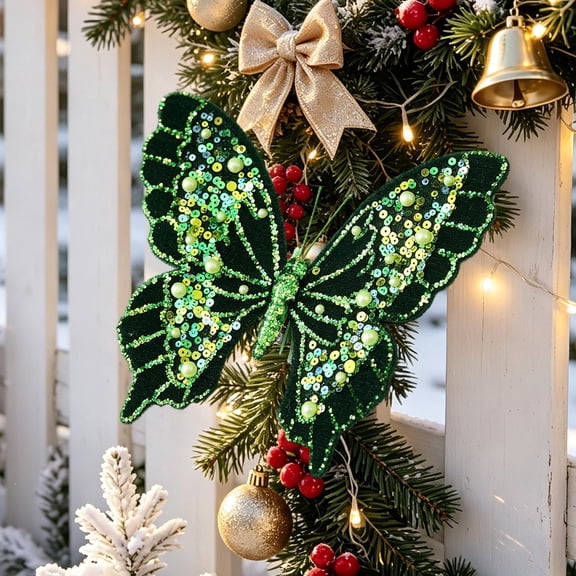 JeashCHAT Glitter Sequin Christmas Tree Butterfly Ornaments, Christmas Tree Decorations Colorful Butterfly with Clips, Xmas Holiday Party Decorations