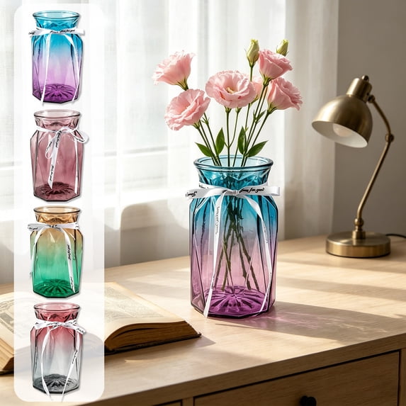 JeashCHAT Gradient Glass Vase with Ribbon, Decorative Flower Vase for Hydroponic Plants and Dried Flowers Home Office Living Room Bathroom Table Shelf Decor