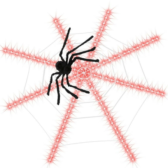 JeashCHAT Halloween 120 LED 12FT Giant Spider Web Lights with 35" Creepy Hairy Spider, Light Up Indoor Outdoor Halloween Decorations Props (Orange)