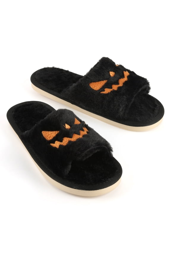 Halloween Pumpkin Lantern Fuzzy Slippers Soft Plush Cozy Open Toe Slides Indoor Outdoor Slippers Memory Foam House Bedroom Slippers
