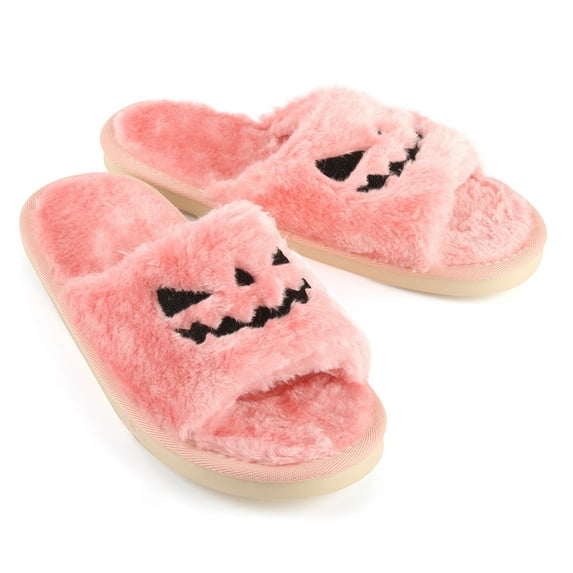JeashCHAT Halloween Pumpkin Lantern Fuzzy Slippers Soft Plush Cozy Open Toe Slides Indoor Outdoor Slippers Memory Foam House Bedroom Slippers