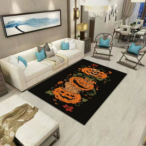 JeashCHAT Halloween Scary Pumpkin Living Room Rug 4'x6' Halloween Themed Carpet for Hardwood Floor Furniture, Non-Slip Washable Area Rugs for Bedroom Dining Room, Easy to Clean