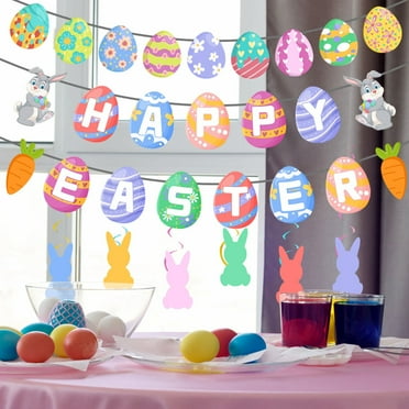 JeashCHAT Happy Easter Banner Clearance, Cute Bunny Rabbits Easter Eggs Hanging Banner Garland Spring Easter Decorations for Home Wall Window Easter Party Decor