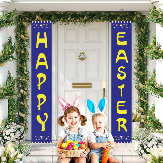 JeashCHAT Happy Easter Bunny Porch Sign Easter Decorations Hanging Sign with Cute Bunny and Eggs Door Banner, Hello Spring and Happy Easter Porch Banner for Indoor Outdoor Wall Front Door