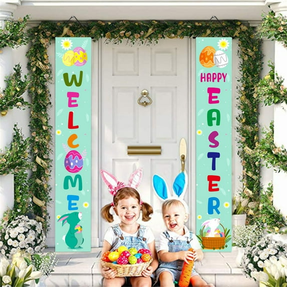 JeashCHAT Happy Easter Bunny Porch Sign Easter Decorations Hanging Sign with Cute Bunny and Eggs Door Banner, Hello Spring and Happy Easter Porch Banner for Indoor Outdoor Wall Front Door