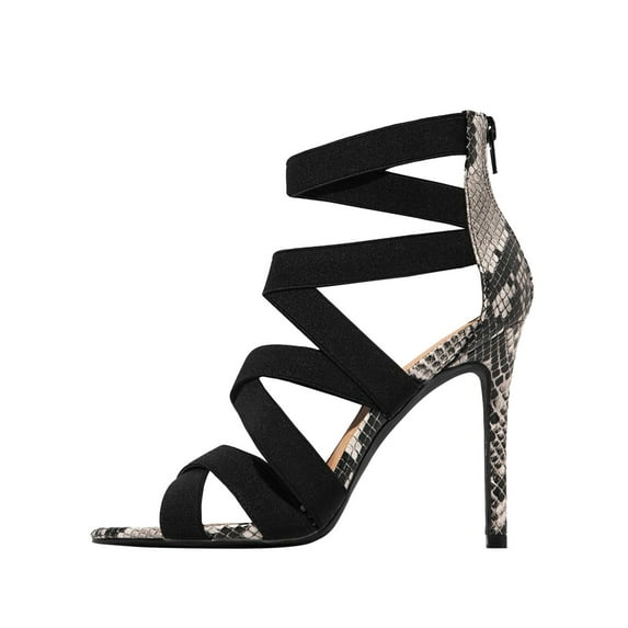 JeashCHAT High Heels Fashion Stilettos Snake Print Elastic Cross Strappy Gladiator Pointed Toe Heels Open Toe Back Zipper Heels Dressy Pumps Sandals for Wedding Party
