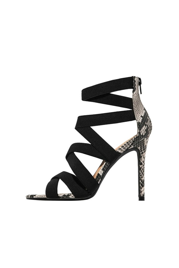 High Heels Fashion Stilettos Snake Print Elastic Cross Strappy Gladiator Pointed Toe Heels Open Toe Back Zipper Heels Dressy Pumps Sandals for Wedding Party