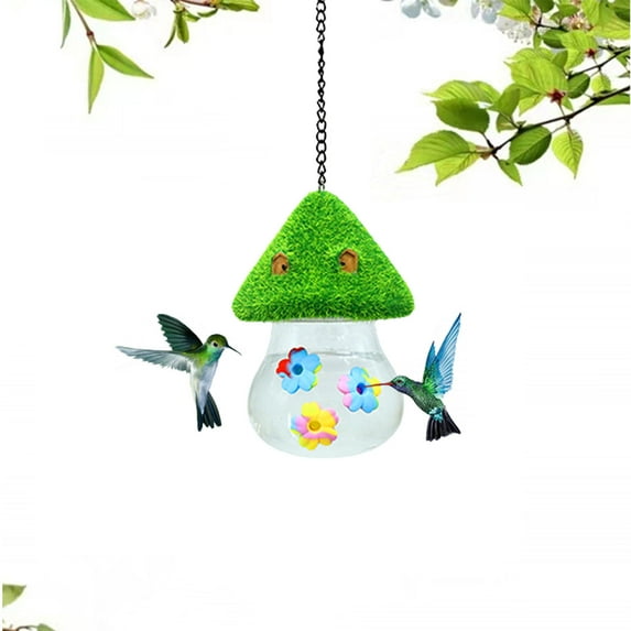JeashCHAT Hummingbird Feeder for Outdoors Hanging, Cute Green Flocked Mushroom Shape Bird Water Feeder for Patio Garden Outdoor Decor, Leak-Proof