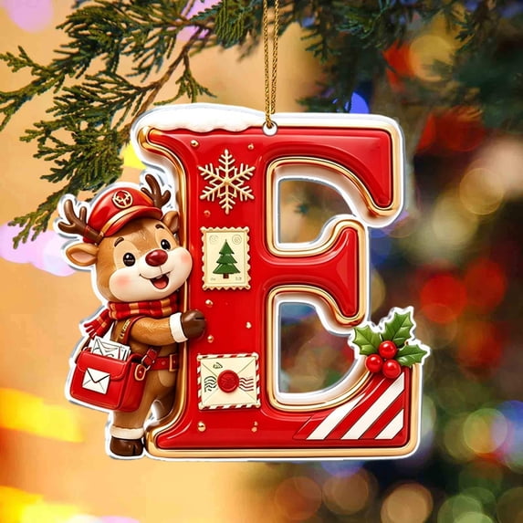 JeashCHAT Initial Letter Christmas Ornaments, Red Christmas Initial Ornaments Cute Reindeer Pendant Christmas Tree Hanging Decorations Xmas Gifts (E)