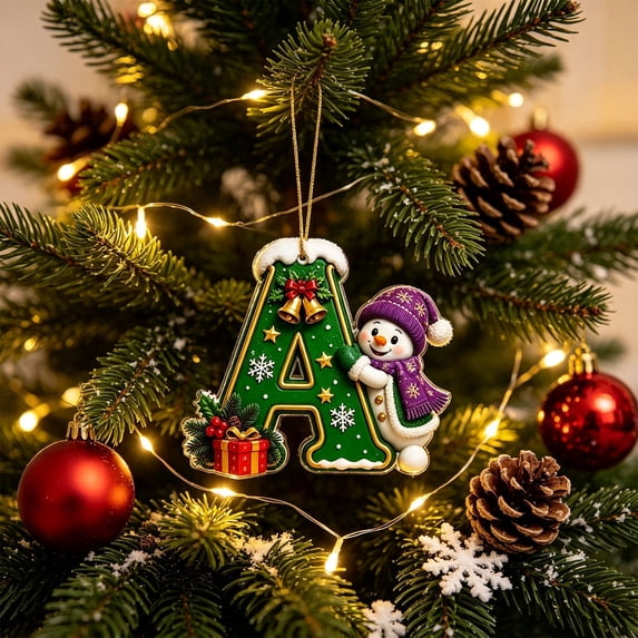 JeashCHAT Initial Letter Christmas Snowman Ornaments, Green Personalized Initial Christmas Ornaments, 2D Flat Acrylic Hanging Pendant Christmas Tree Decoration, Xmas Gifts, A