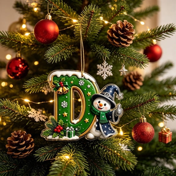 JeashCHAT Initial Letter Christmas Snowman Ornaments, Green Personalized Initial Christmas Ornaments, 2D Flat Acrylic Hanging Pendant Christmas Tree Decoration, Xmas Gifts, D