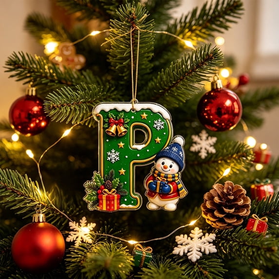 JeashCHAT Initial Letter Christmas Snowman Ornaments, Green Personalized Initial Christmas Ornaments, 2D Flat Acrylic Hanging Pendant Christmas Tree Decoration, Xmas Gifts, P