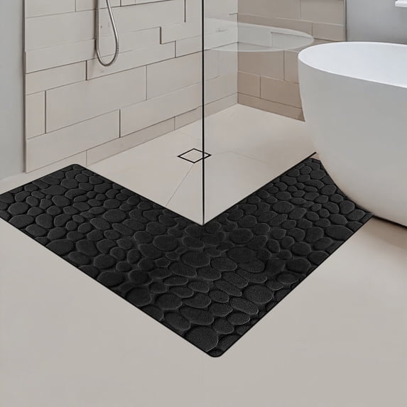 JeashCHAT L-Shaped Bath Mat, Corner Bathroom Rug Kitchen Rug, Soft Non-Slip Absorbent Bathroom Carpet Floor Mat Shower Mat, 47x47x17.7 Inches, Black