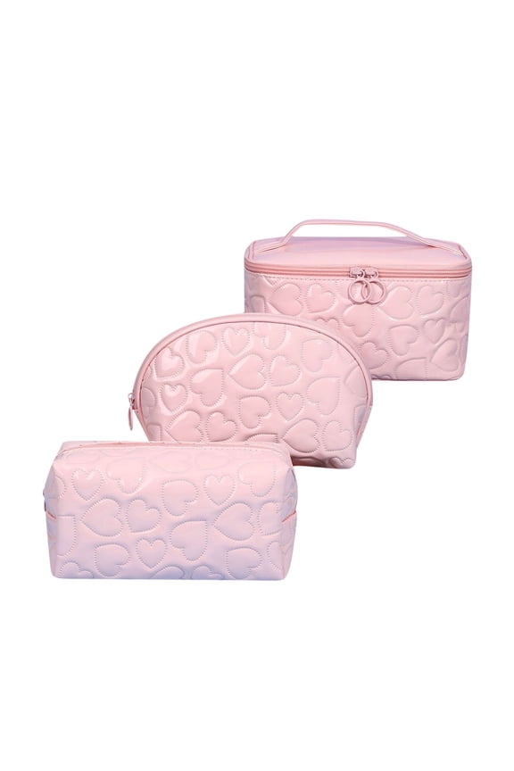 Large Capacity Travel Cosmetic Bag Set of 3 Makeup Bag, Leather Waterproof Travel Toiletry Bag for Women, College Dorm Bathroom Essentials, Pink