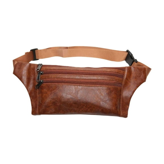 JeashCHAT Leather Waist Pack for Men, Fanny Pack with 3-Zipper Pockets, Lightweight Waterproof Crossbody Sling Bag Belt Bag Phone Bag for Travel Outdoor Sports, Brown