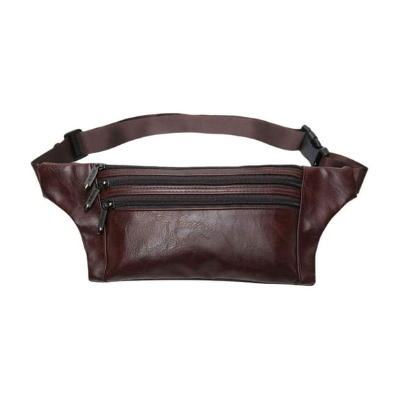 JeashCHAT Leather Waist Pack for Men, Fanny Pack with 3-Zipper Pockets, Lightweight Waterproof Crossbody Sling Bag Belt Bag Phone Bag for Travel Outdoor Sports, Coffee