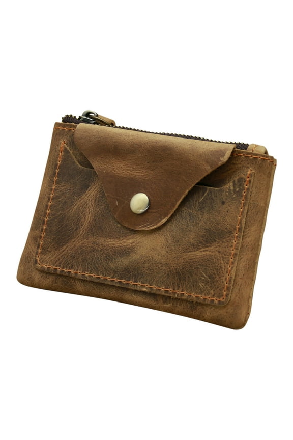 Leather Wallet Mini Pouch Purse Zipper Change Bag Credit Card Holder Gifts for Men Women, Brown