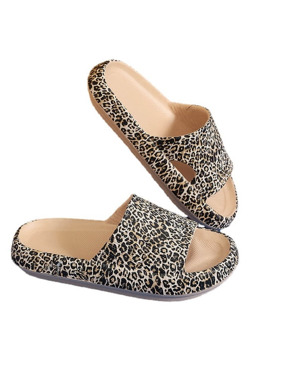 Leopard Print Slides Pillow Slippers for Women Non Slip Quick Drying Shower Bathroom Sandals Soft Thick Sole Slippers for Outdoor Indoor