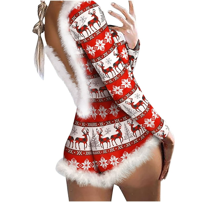 JeashCHAT Lingerie for Women Sexy Naughty Women s Christmas Snowflake Print Feather Trim Button Front Adult Onesie Home Wear Siamese Pajamas