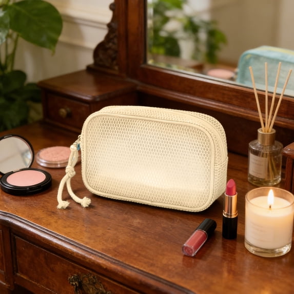 JeashCHAT Mesh Makeup Bag, Portable Transparent Cosmetic Storage Bag, Travel Makeup Pouch Toiletry Bag for Women, Small Storage Pouch with Zipper, 9.4"x5.5"x2.3", Beige