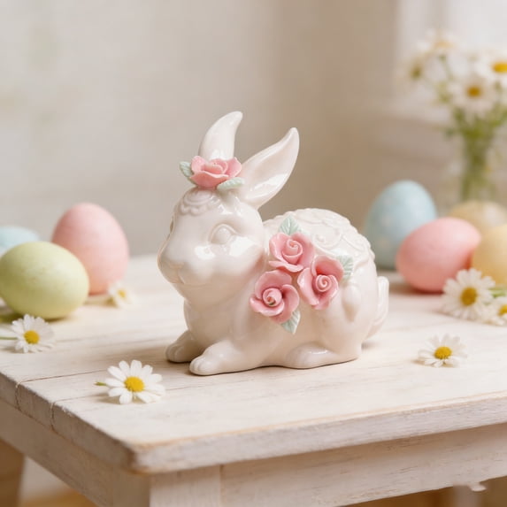 JeashCHAT Mini Ceramic Rabbit Figurines, Easter Bunny Decorations, Easter Gifts, White Easter Rabbit Figurine with Flowers, Spring Easter Home Office Tabletop Ornament