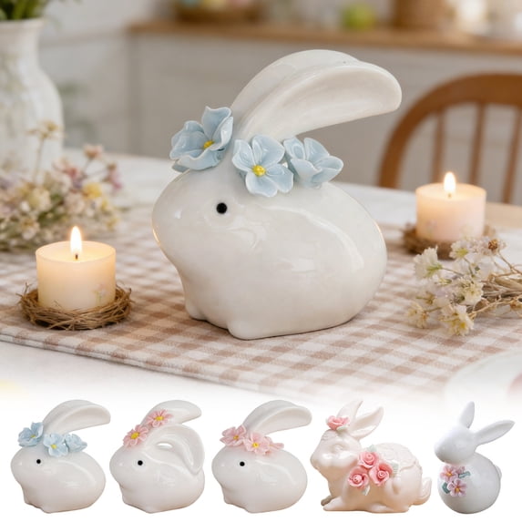 JeashCHAT Mini Ceramic Rabbit Figurines, Easter Bunny Decorations, Easter Gifts, White Easter Rabbit Figurine with Flowers, Spring Easter Home Office Tabletop Ornament