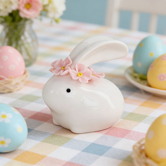 JeashCHAT Mini Ceramic Rabbit Figurines, Easter Bunny Decorations, Easter Gifts, White Easter Rabbit Figurine with Flowers, Spring Easter Home Office Tabletop Ornament