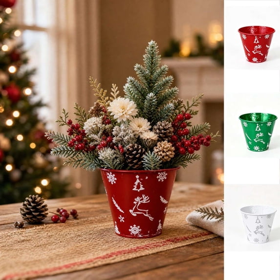 JeashCHAT Mini Christmas Metal Bucket, Reindeer Snowflake Tree Pattern Decorative Planter Pot for Indoor Plants Table Centerpiece, Xmas Party Gift Candy Bucket, 4.93" x 4.13" x 2.76", Red