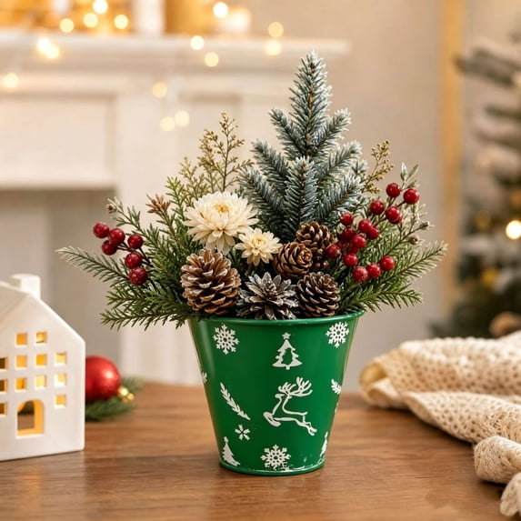 JeashCHAT Mini Christmas Metal Bucket, Reindeer Snowflake Tree Pattern Decorative Planter Pot for Indoor Plants Table Centerpiece, Xmas Party Gift Candy Bucket, 4.93" x 4.13" x 2.76", Green
