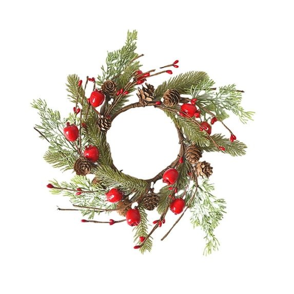 JeashCHAT Mini Christmas Wreath Candle Rings, Artificial Pine Needles Wreath with Berries Pinecones, Xmas Table Centerpieces Front Door Porch Wall Window Decorations